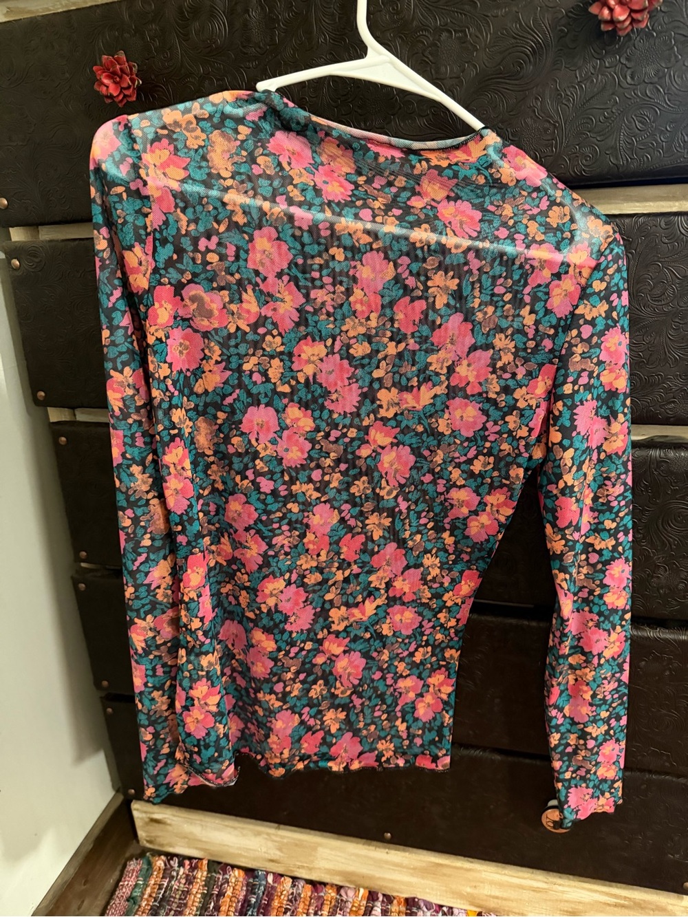 Floral Long-Sleeve Women's Top in Pink and Teal mesh